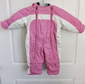 LL BEAN Infant Girls Pink & White Full Zip Snowsuit, Bunting